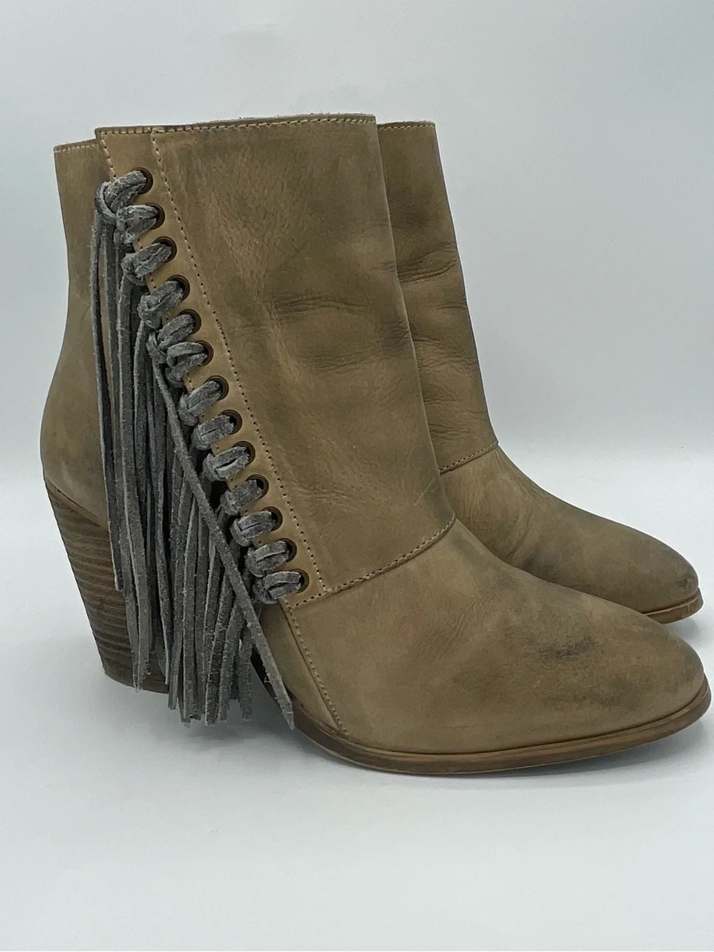Diba True Jilly Ann Fringe Leather Ankle Boots in Taupe/Tan.